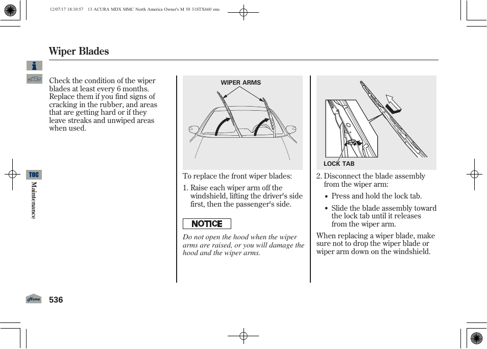 Wiper blades | Acura 2013 MDX User Manual | Page 541 / 616