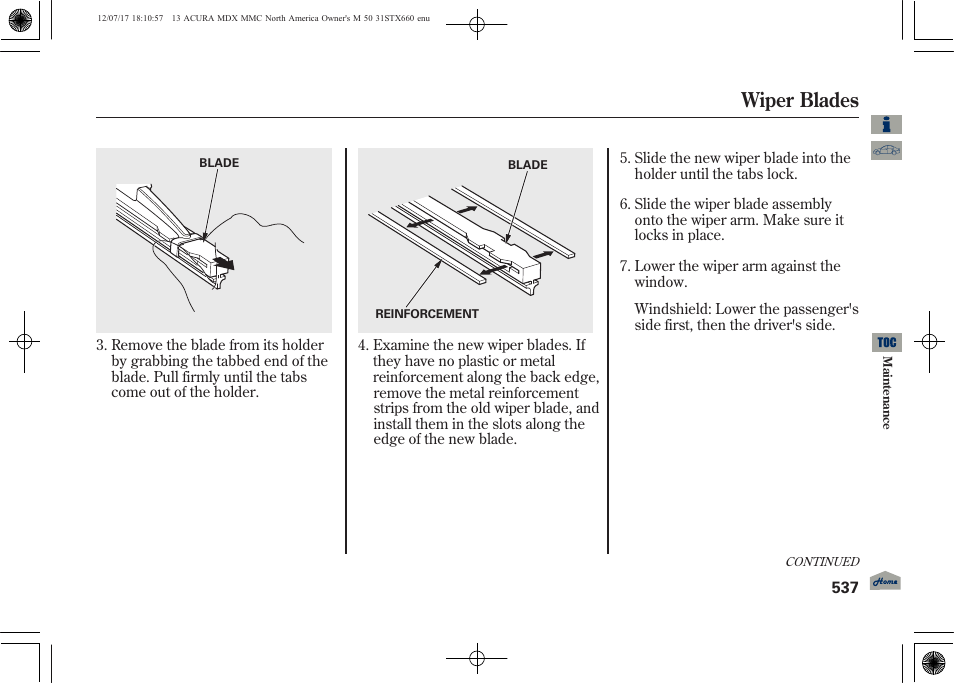 Wiper blades | Acura 2013 MDX User Manual | Page 542 / 616