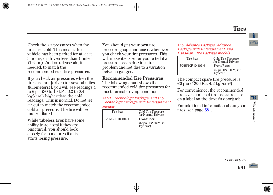 Tires, 2013 mdx | Acura 2013 MDX User Manual | Page 546 / 616