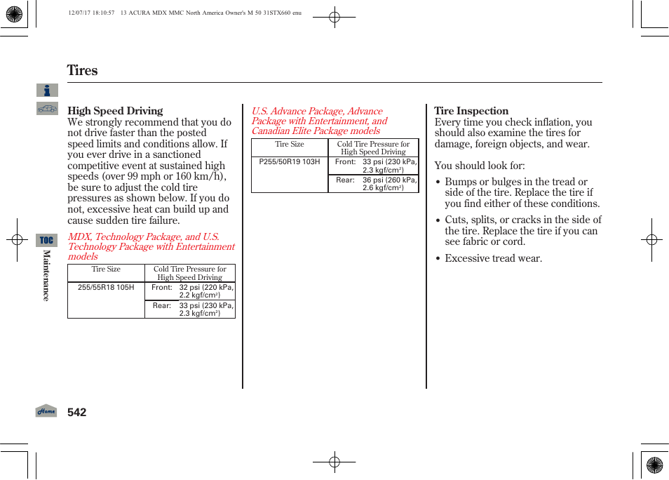 Tires, 2013 mdx, Excessive tread wear | Acura 2013 MDX User Manual | Page 547 / 616