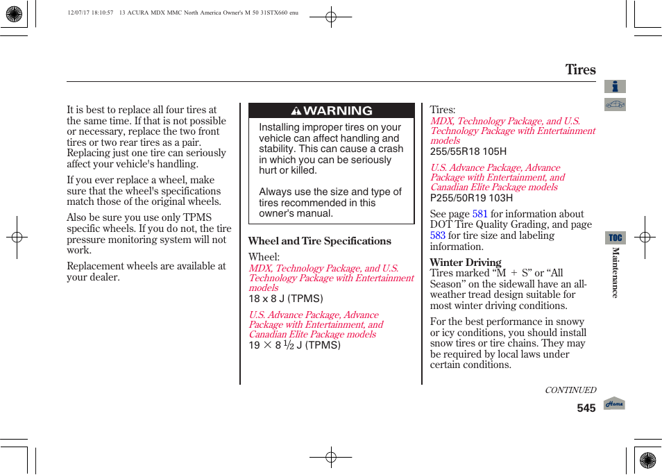 Tires | Acura 2013 MDX User Manual | Page 550 / 616