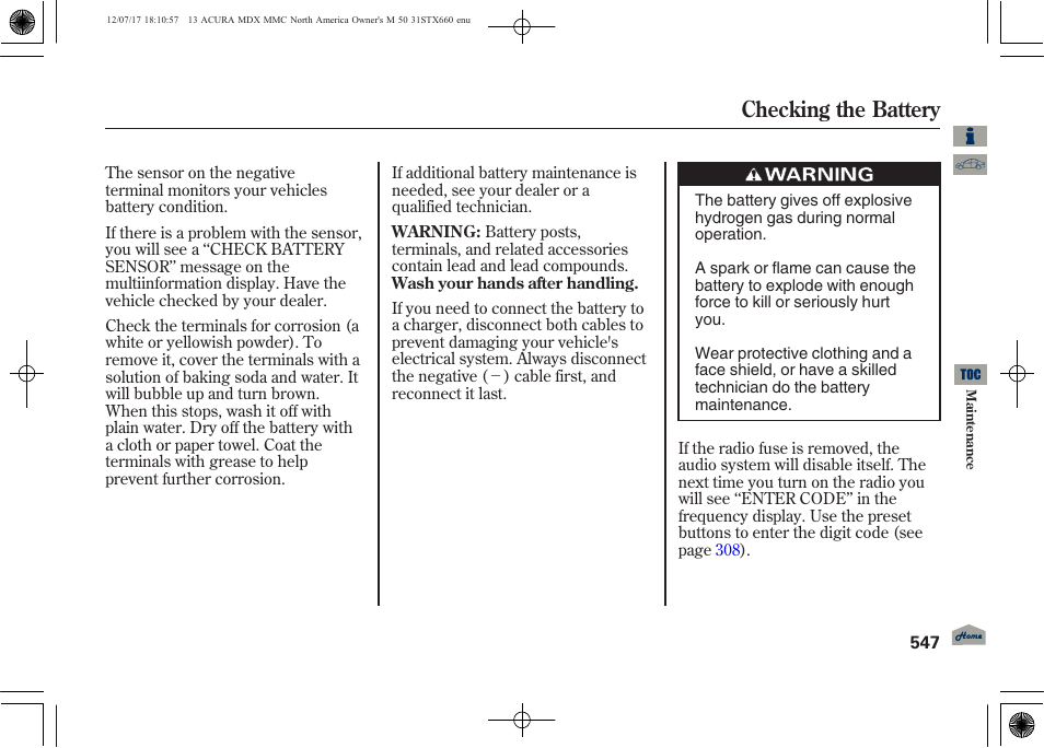 Checking the battery | Acura 2013 MDX User Manual | Page 552 / 616