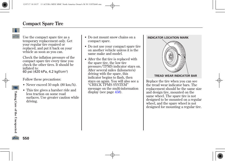 Compact spare tire, 2013 mdx | Acura 2013 MDX User Manual | Page 555 / 616