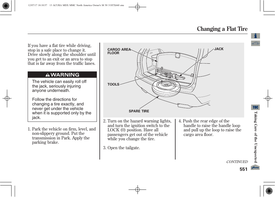 Changing a flat tire | Acura 2013 MDX User Manual | Page 556 / 616