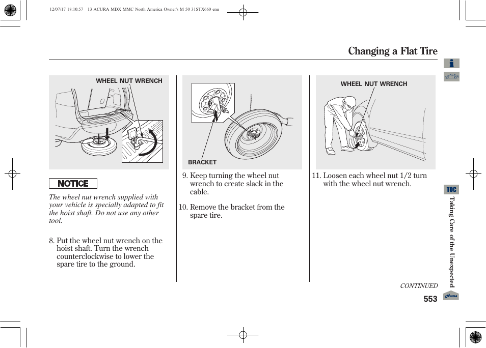 Changing a flat tire | Acura 2013 MDX User Manual | Page 558 / 616