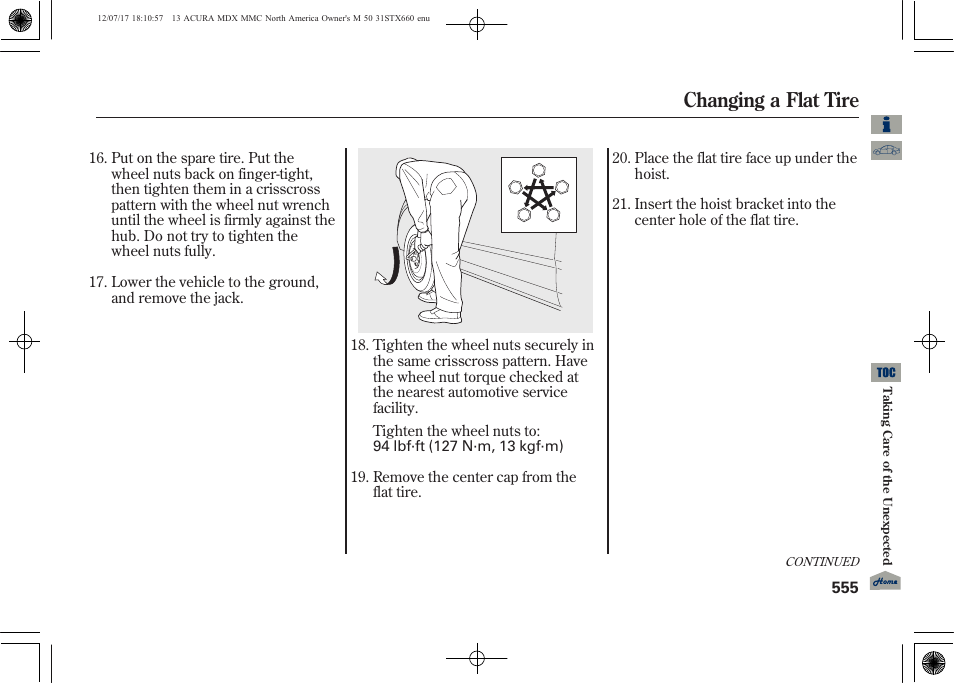 Changing a flat tire | Acura 2013 MDX User Manual | Page 560 / 616