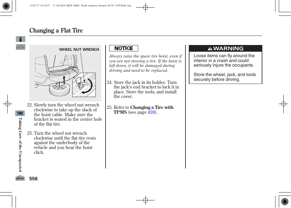 Changing a flat tire | Acura 2013 MDX User Manual | Page 561 / 616