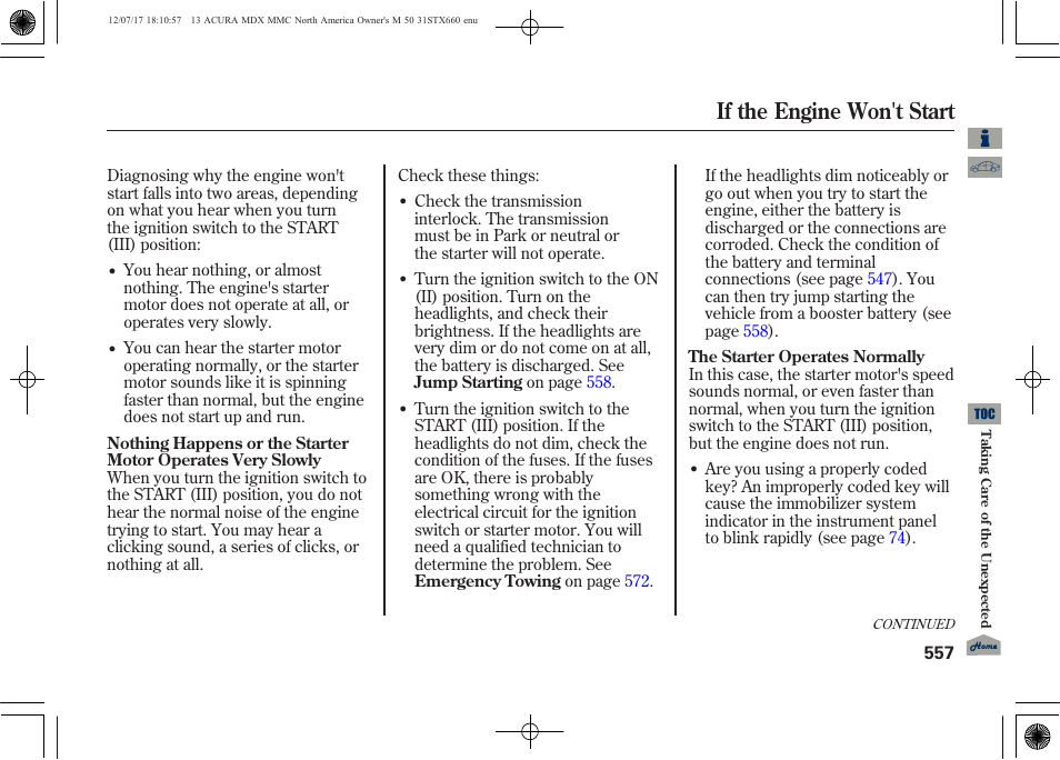 If the engine won't start, 2013 mdx | Acura 2013 MDX User Manual | Page 562 / 616