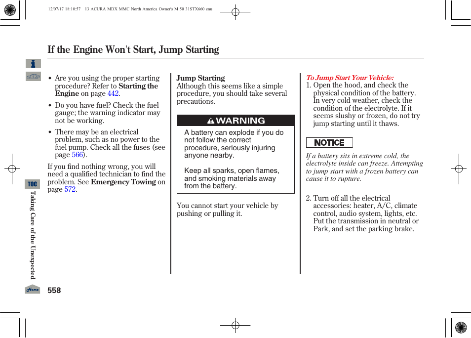 If the engine won't start, jump starting | Acura 2013 MDX User Manual | Page 563 / 616