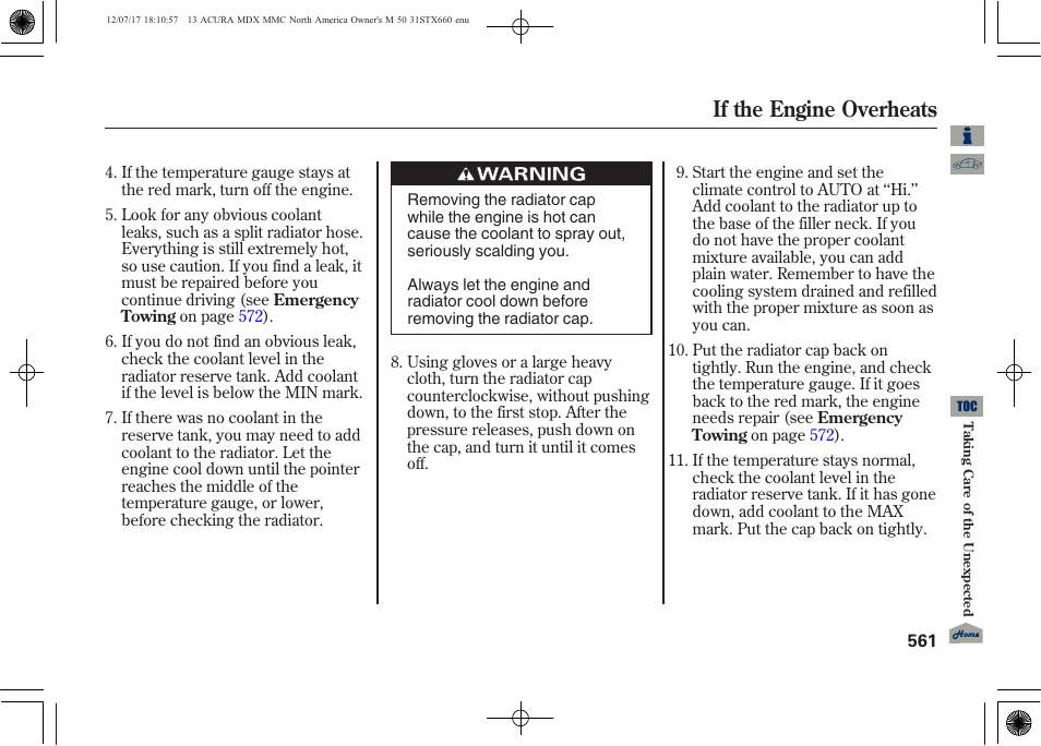 If the engine overheats | Acura 2013 MDX User Manual | Page 566 / 616