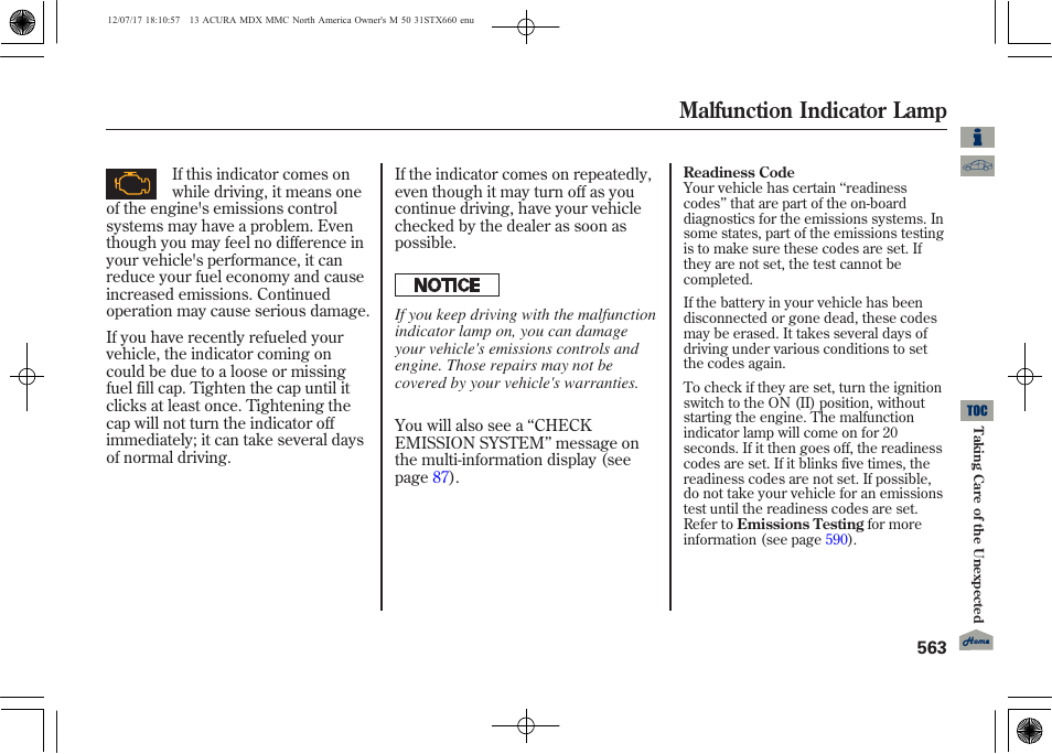 Malfunction indicator lamp | Acura 2013 MDX User Manual | Page 568 / 616