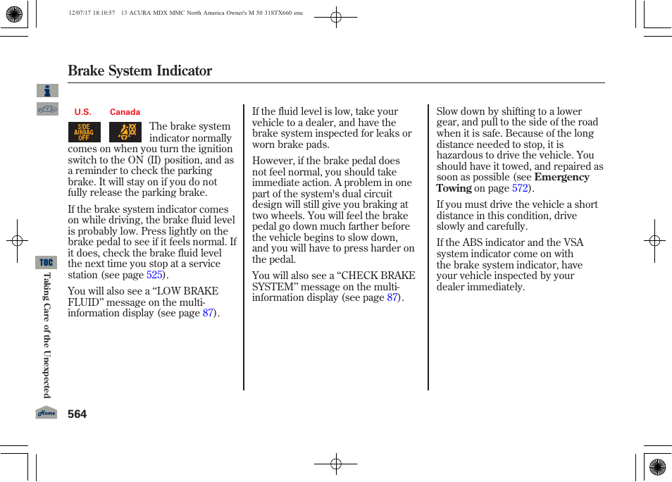 Brake system indicator | Acura 2013 MDX User Manual | Page 569 / 616