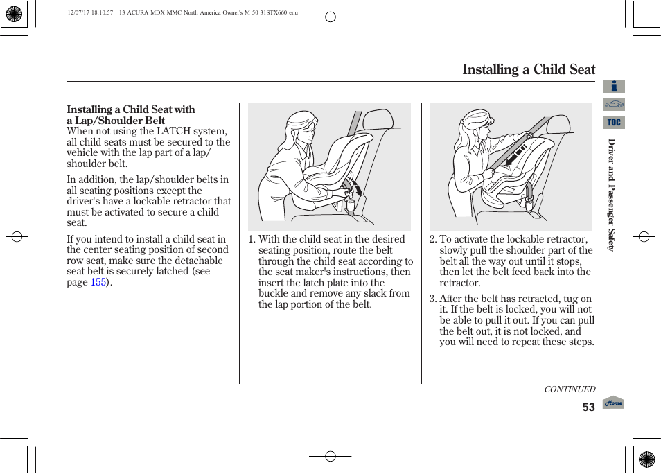 Installing a child seat | Acura 2013 MDX User Manual | Page 58 / 616