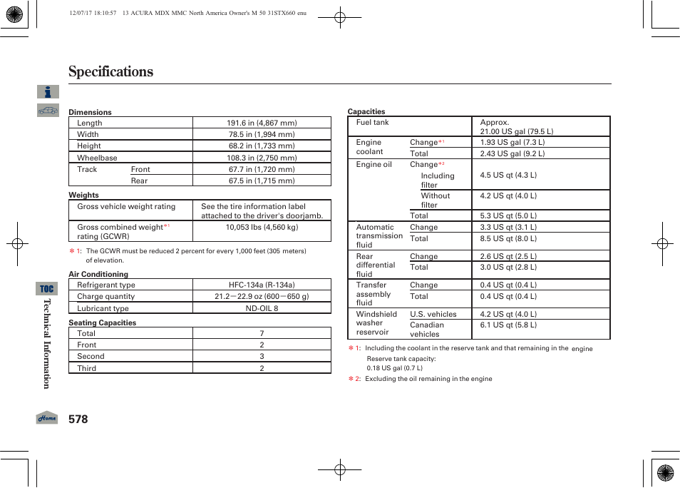 Specifications, 2013 mdx | Acura 2013 MDX User Manual | Page 583 / 616