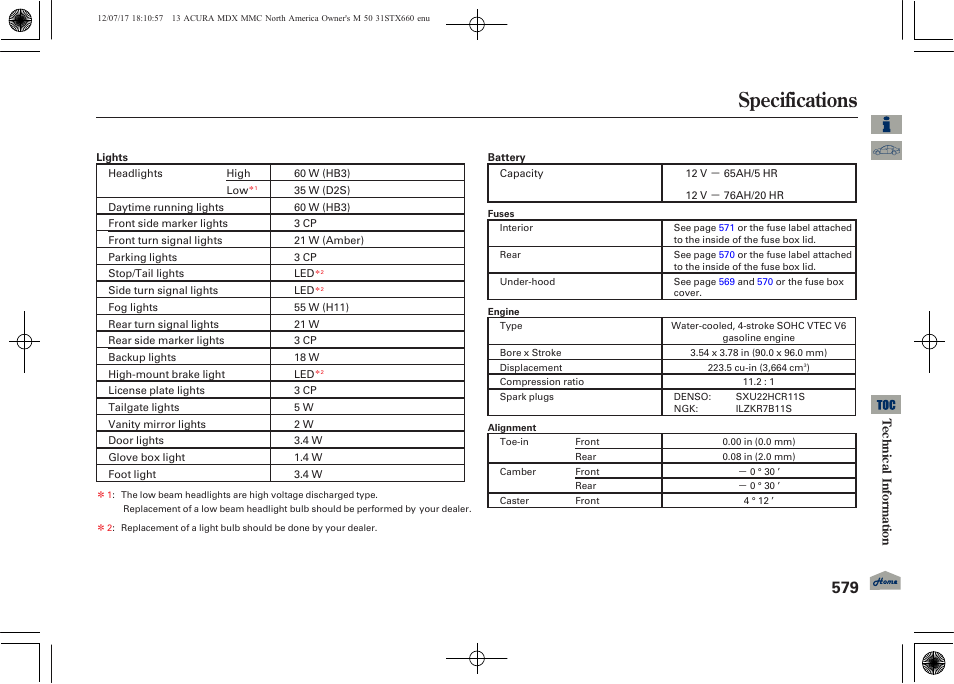 Specifications, 2013 mdx | Acura 2013 MDX User Manual | Page 584 / 616