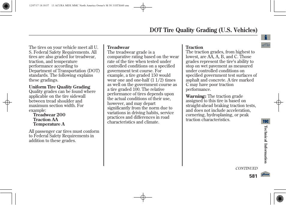 Dot tire quality grading (u.s. vehicles) | Acura 2013 MDX User Manual | Page 586 / 616