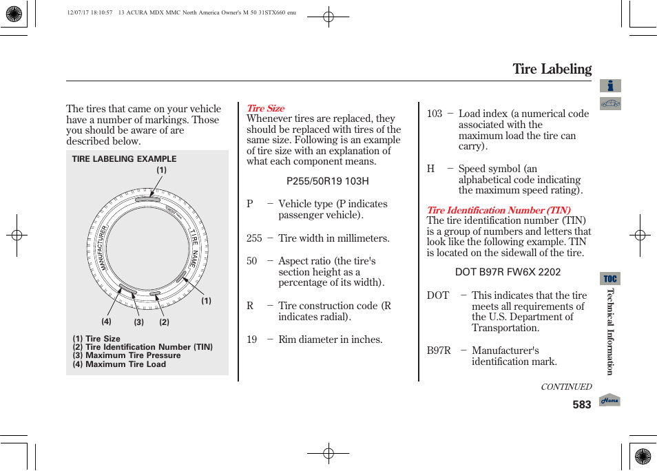 Tire labeling | Acura 2013 MDX User Manual | Page 588 / 616