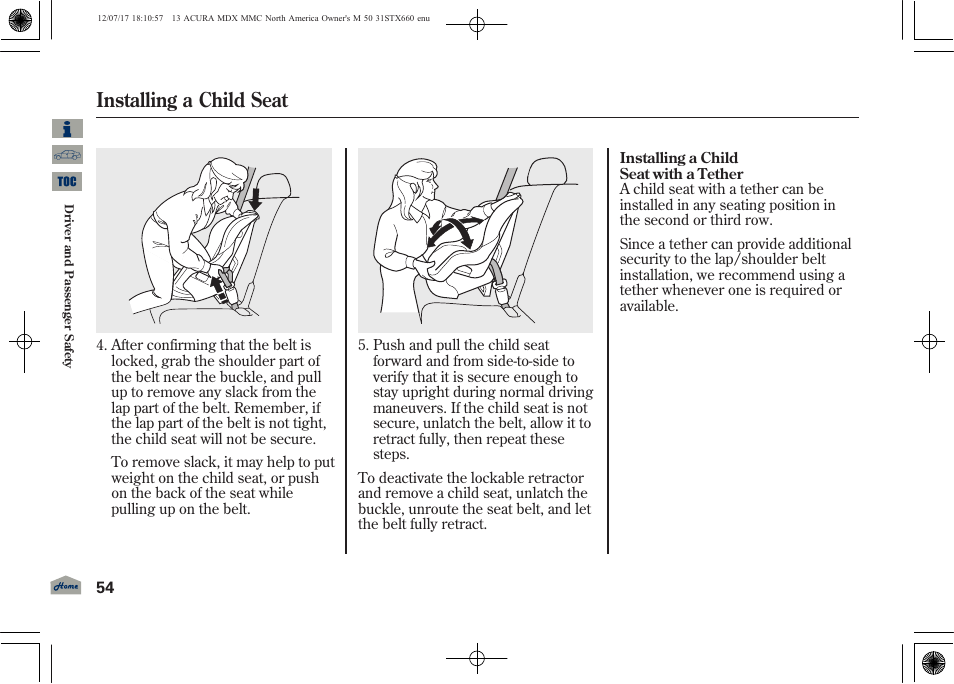 Installing a child seat | Acura 2013 MDX User Manual | Page 59 / 616