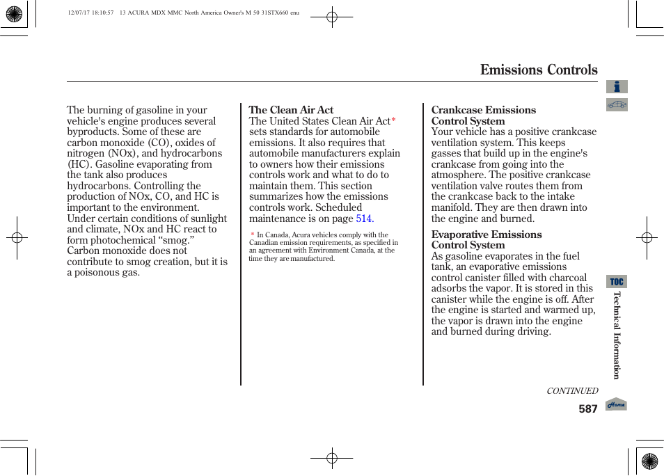 Emissions controls | Acura 2013 MDX User Manual | Page 592 / 616