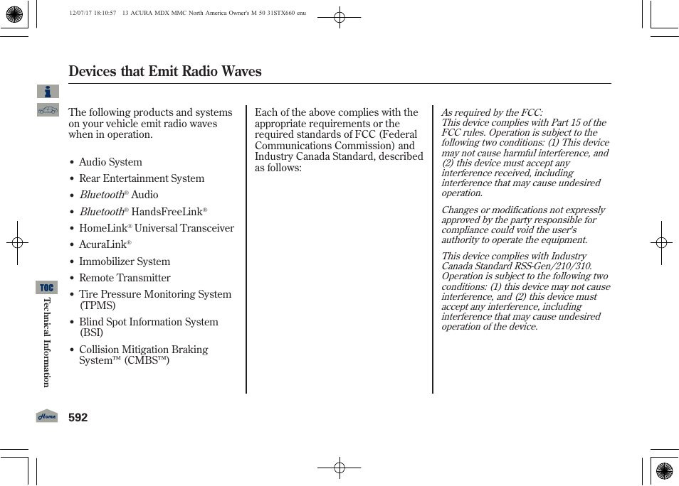 Devices that emit radio waves, 2013 mdx, Bluetooth | Acura 2013 MDX User Manual | Page 597 / 616