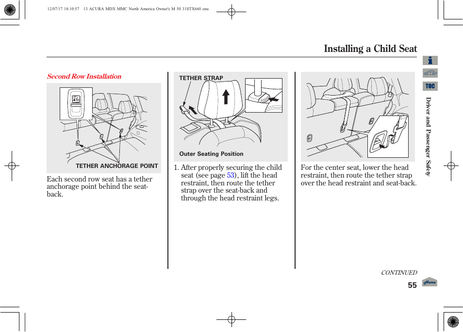 Installing a child seat | Acura 2013 MDX User Manual | Page 60 / 616