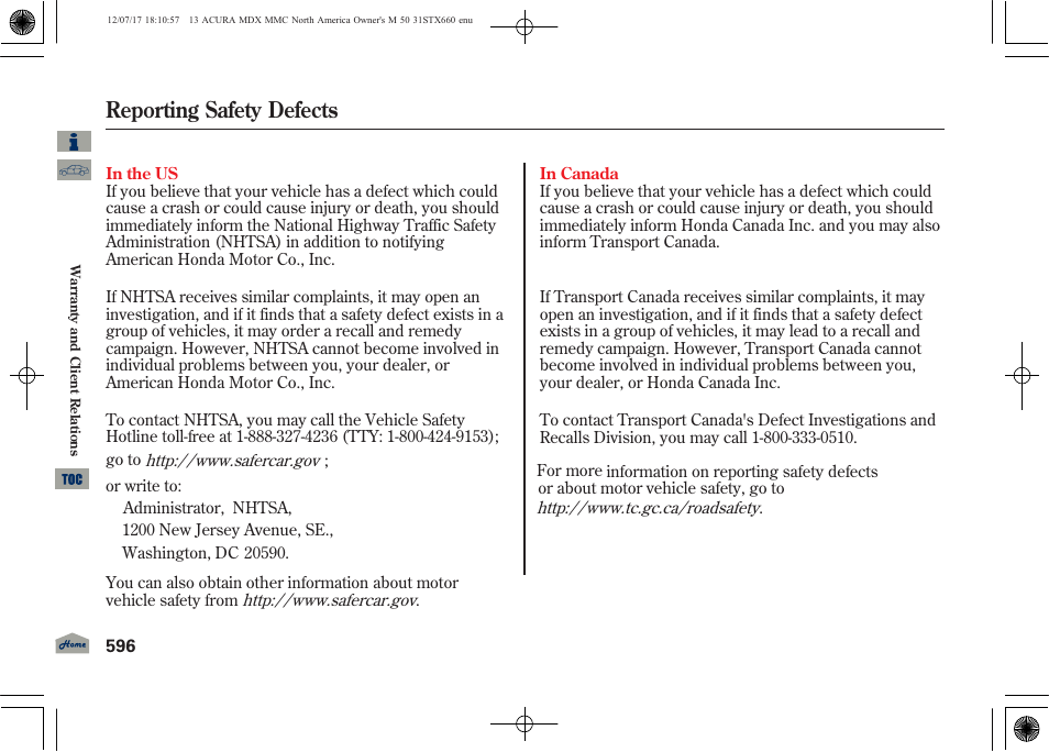 Reporting safety defects | Acura 2013 MDX User Manual | Page 601 / 616