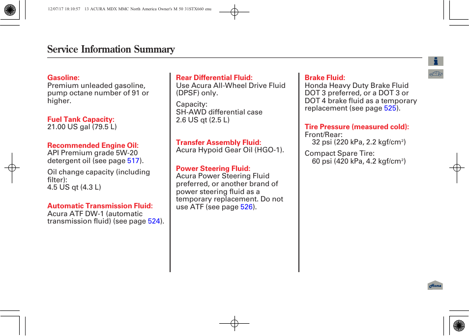 Service information summary | Acura 2013 MDX User Manual | Page 615 / 616