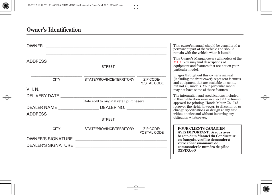 Owner's identification form, Owner's identification, 2013 mdx | Acura 2013 MDX User Manual | Page 616 / 616