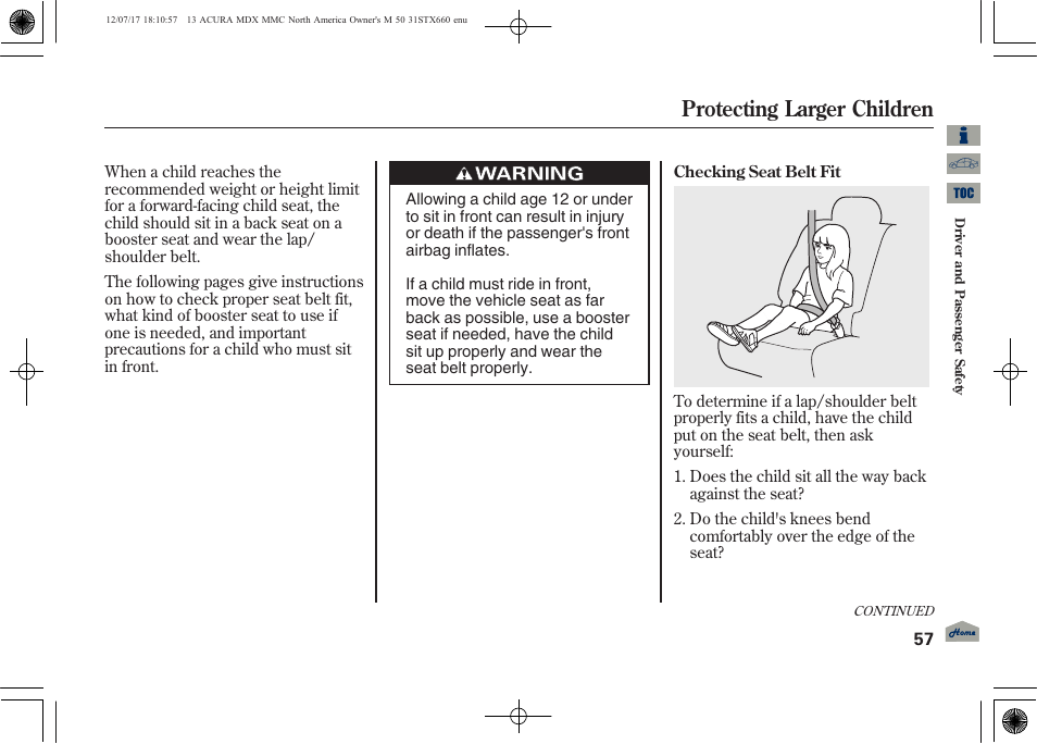 Protecting larger children | Acura 2013 MDX User Manual | Page 62 / 616