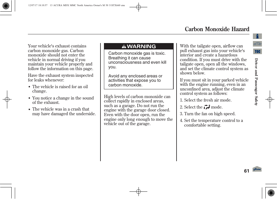 Carbon monoxide hazard | Acura 2013 MDX User Manual | Page 66 / 616