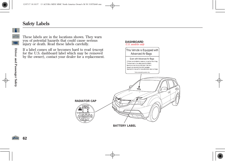 Safety labels | Acura 2013 MDX User Manual | Page 67 / 616