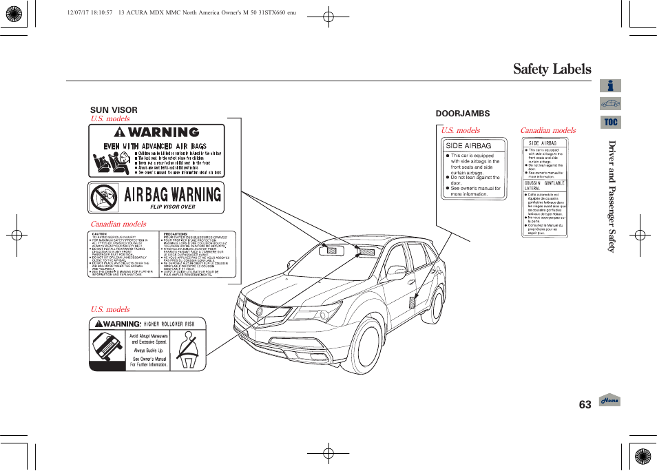 Safety labels, 2013 mdx | Acura 2013 MDX User Manual | Page 68 / 616