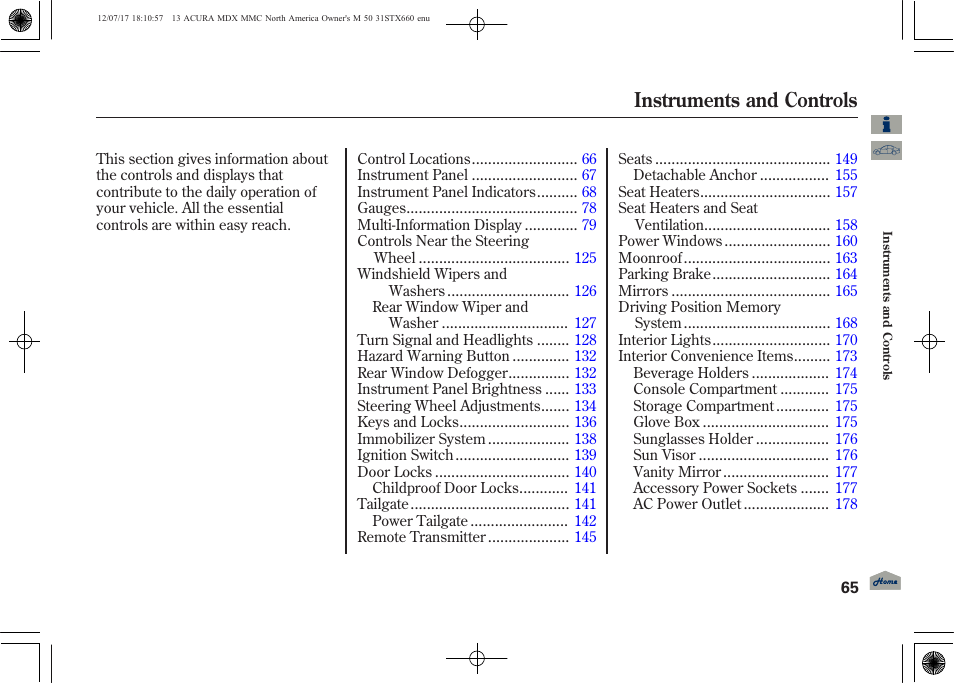 Instruments and controls | Acura 2013 MDX User Manual | Page 70 / 616