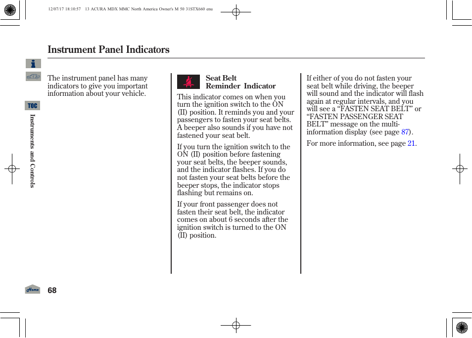 Instrument panel indicators | Acura 2013 MDX User Manual | Page 73 / 616