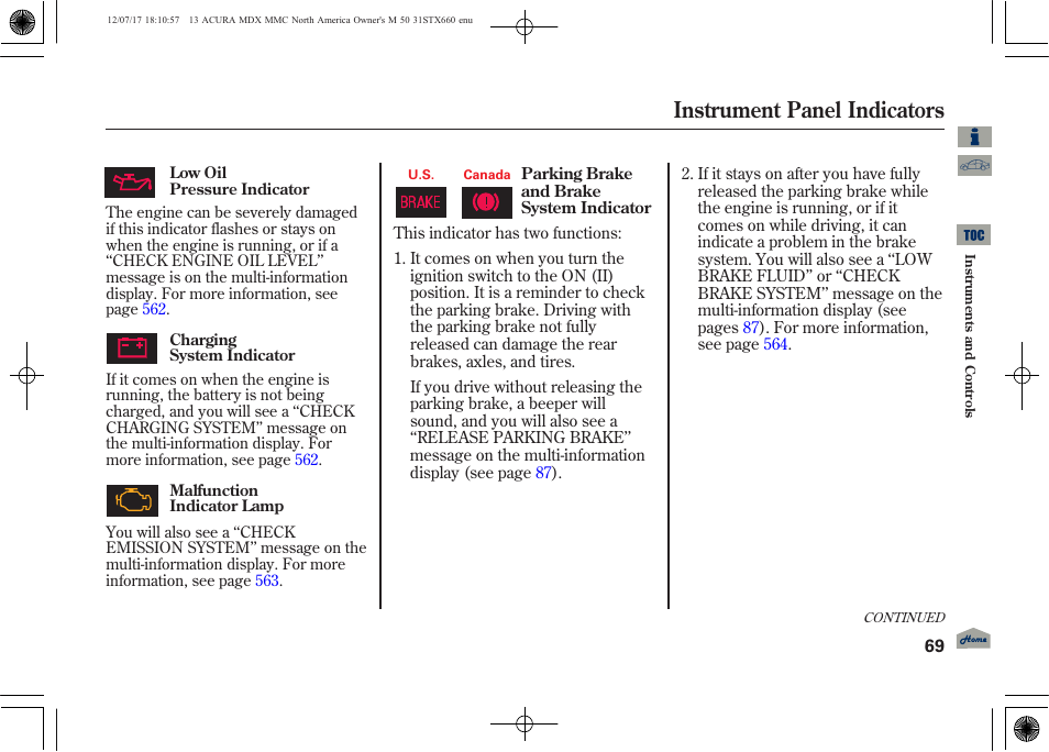 Instrument panel indicators | Acura 2013 MDX User Manual | Page 74 / 616