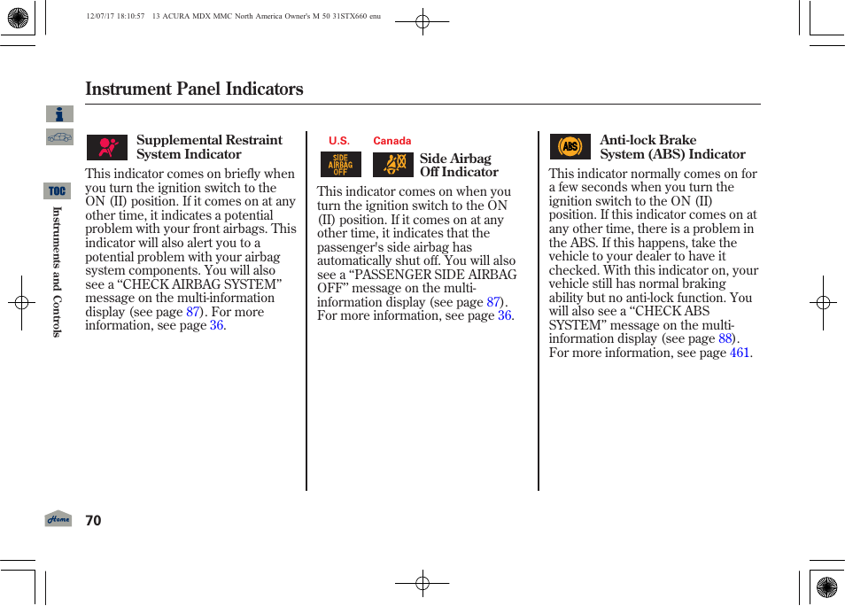 Instrument panel indicators | Acura 2013 MDX User Manual | Page 75 / 616