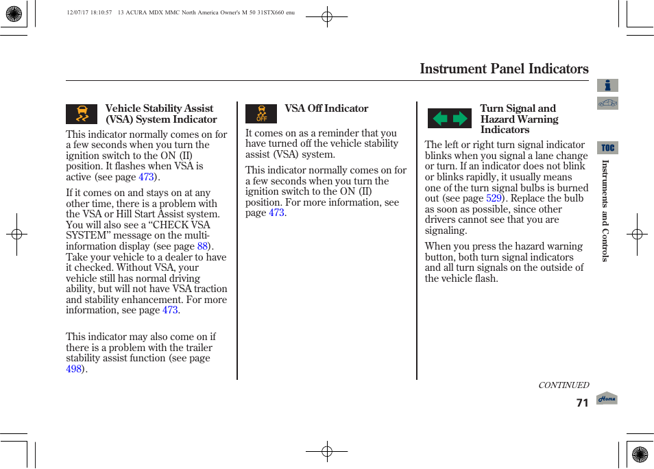 Instrument panel indicators | Acura 2013 MDX User Manual | Page 76 / 616