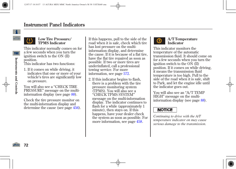 Instrument panel indicators | Acura 2013 MDX User Manual | Page 77 / 616