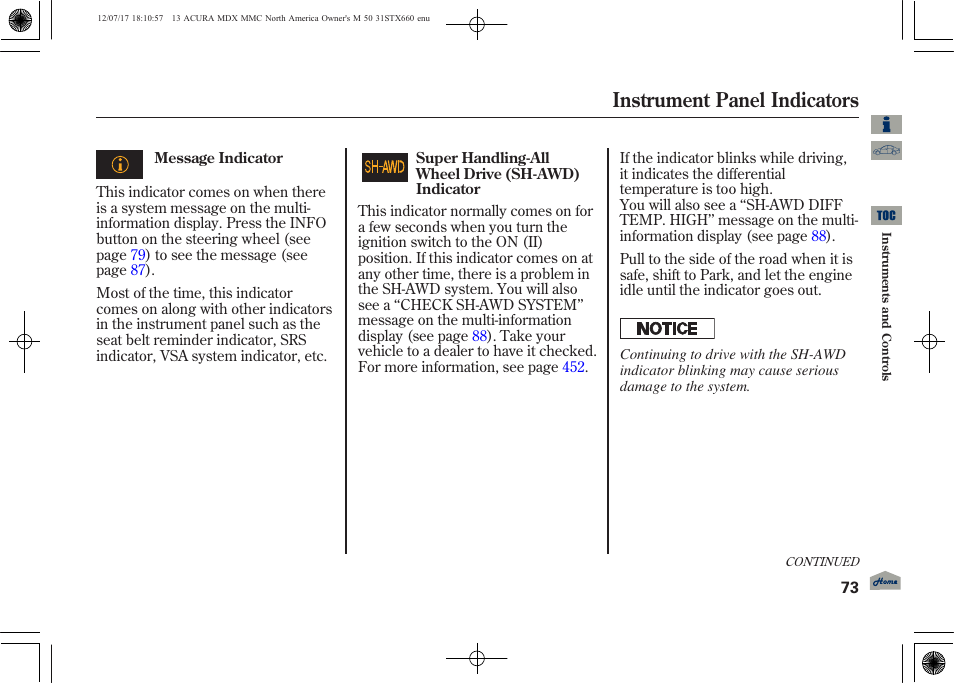 Instrument panel indicators | Acura 2013 MDX User Manual | Page 78 / 616