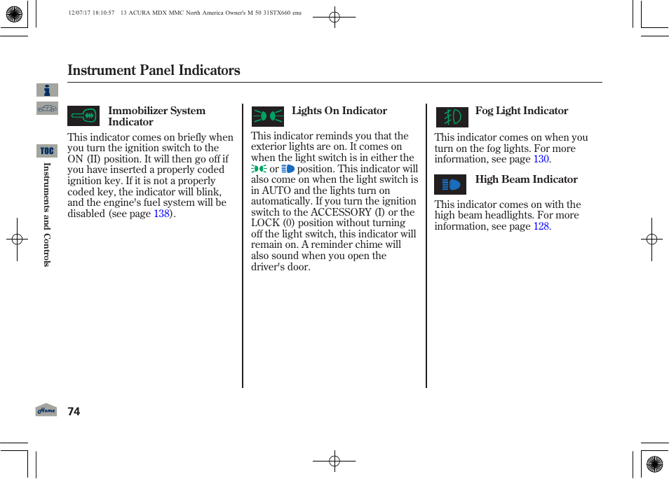 Instrument panel indicators | Acura 2013 MDX User Manual | Page 79 / 616