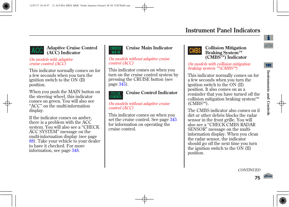 Instrument panel indicators | Acura 2013 MDX User Manual | Page 80 / 616