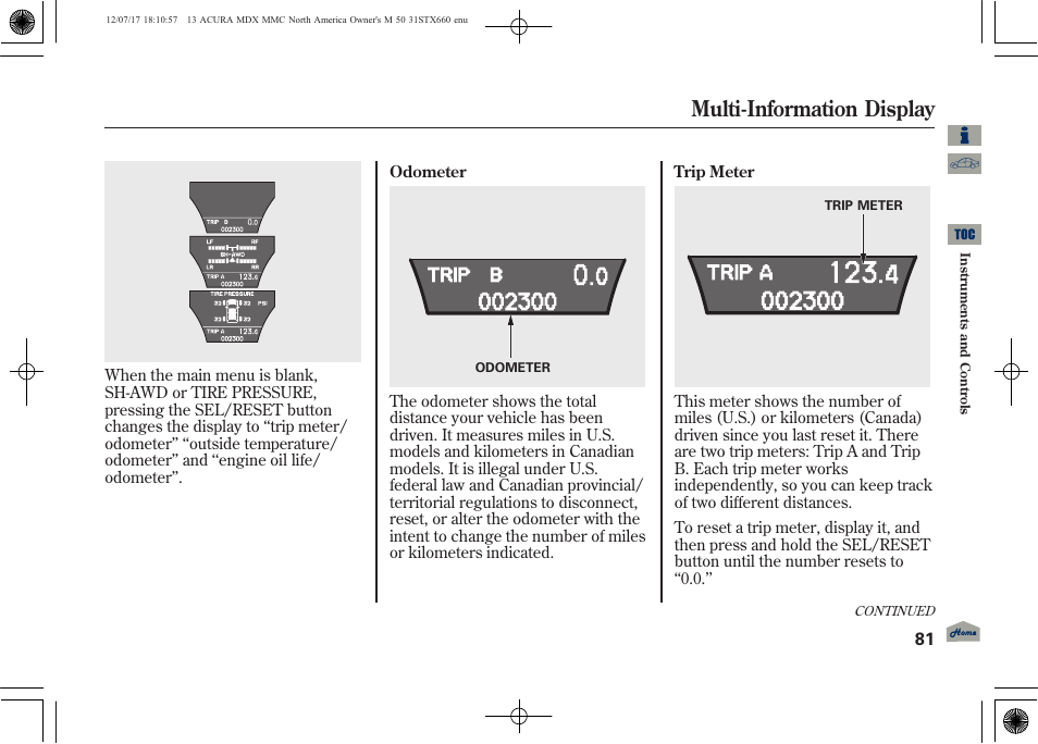 Multi-information display | Acura 2013 MDX User Manual | Page 86 / 616