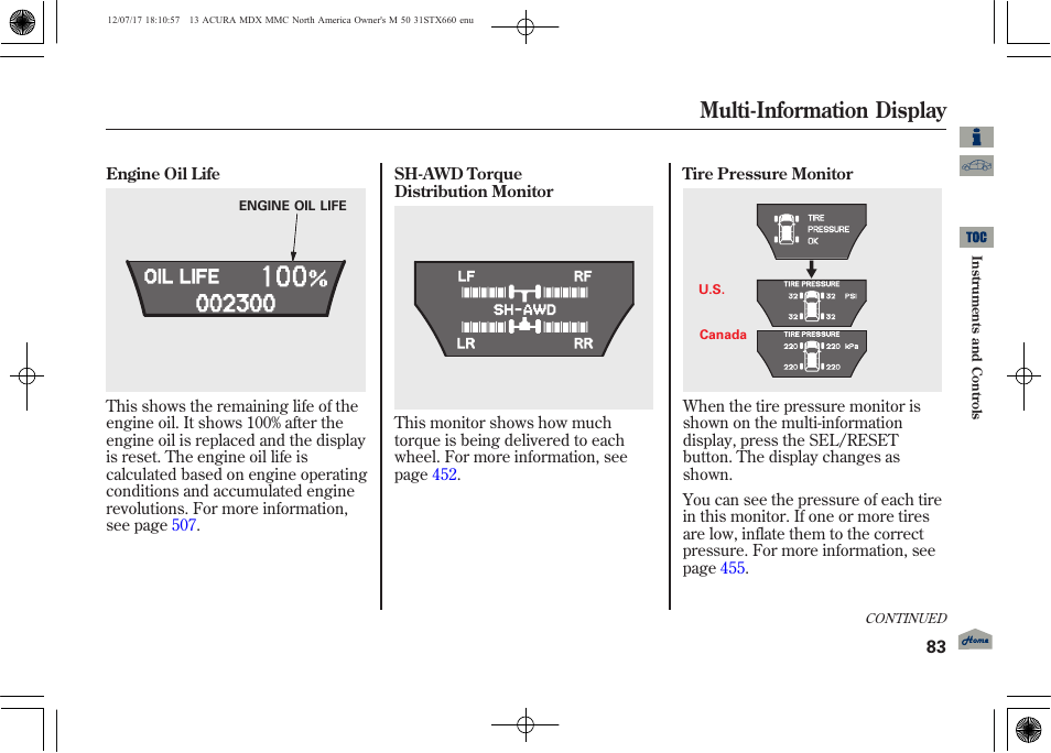 Multi-information display | Acura 2013 MDX User Manual | Page 88 / 616