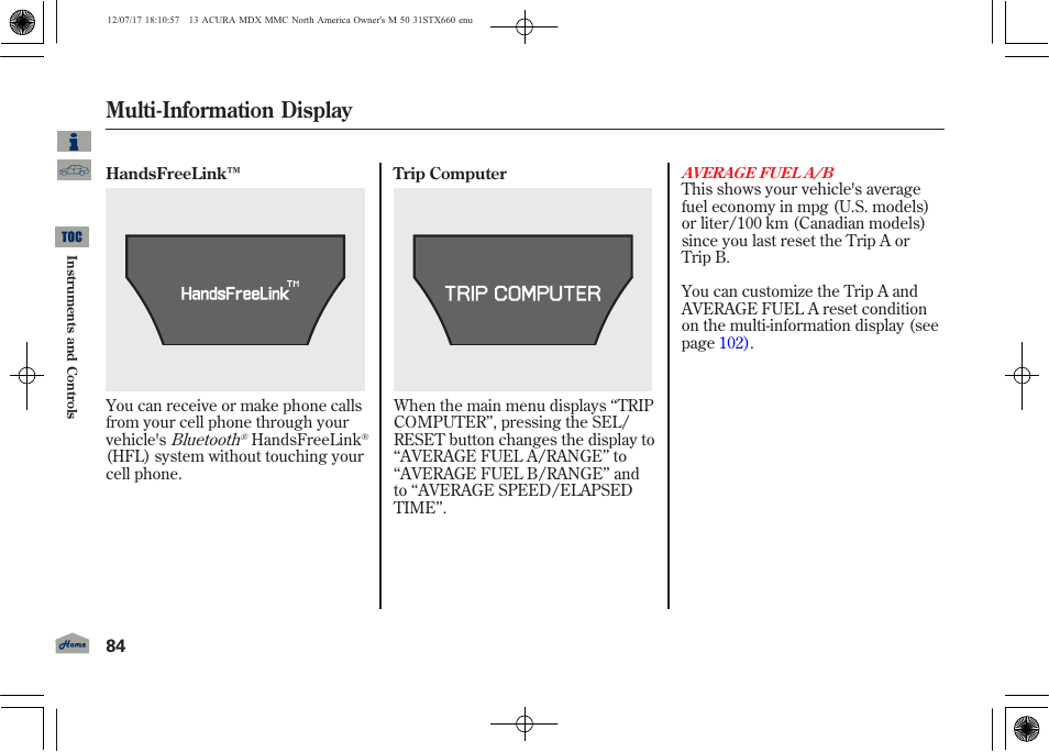 Multi-information display | Acura 2013 MDX User Manual | Page 89 / 616