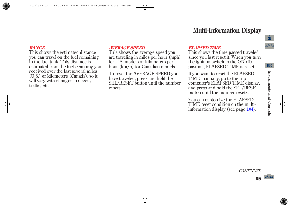 Multi-information display | Acura 2013 MDX User Manual | Page 90 / 616