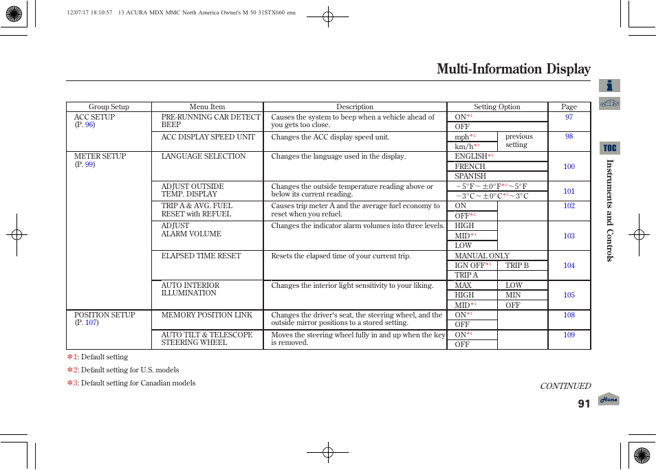 Multi-information display, 2013 mdx | Acura 2013 MDX User Manual | Page 96 / 616