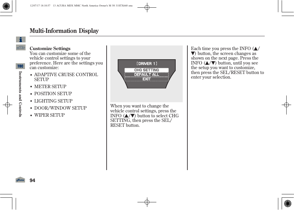 Multi-information display, 2013 mdx | Acura 2013 MDX User Manual | Page 99 / 616