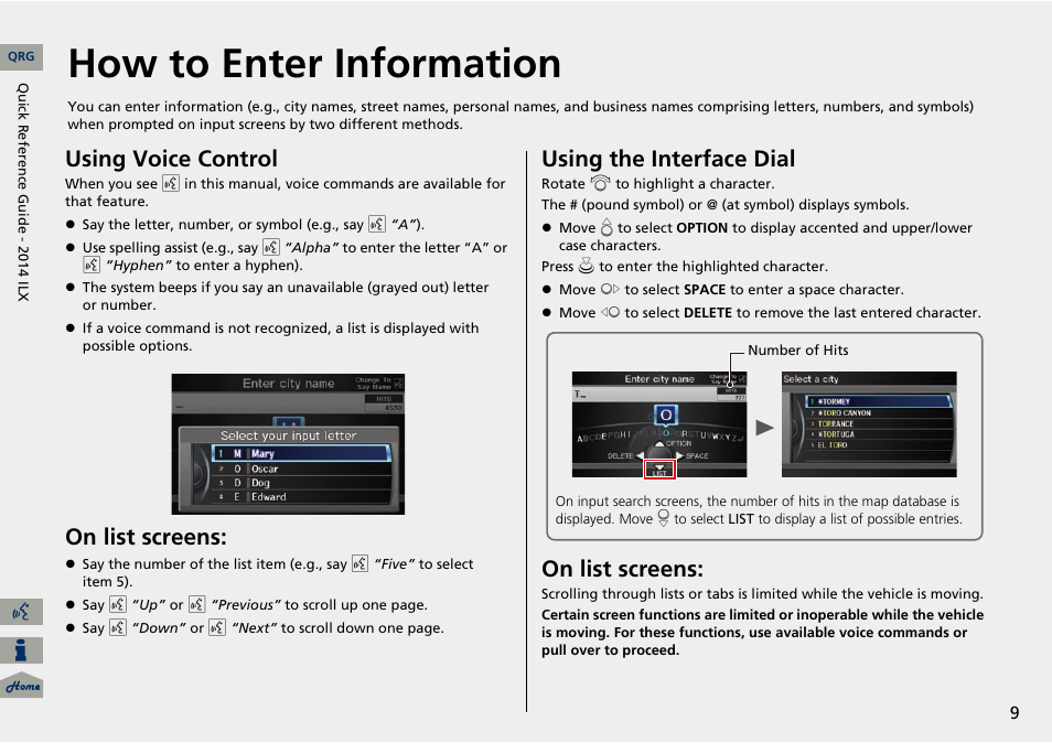 How to enter information, Using voice control, On list screens | Using the interface dial | Acura 2014 ILX Navigation User Manual | Page 10 / 260