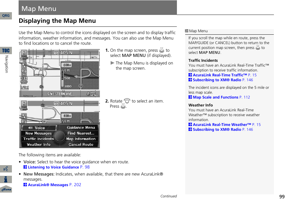 Map menu, Menu, P99) | Displaying the map menu | Acura 2014 ILX Navigation User Manual | Page 100 / 260