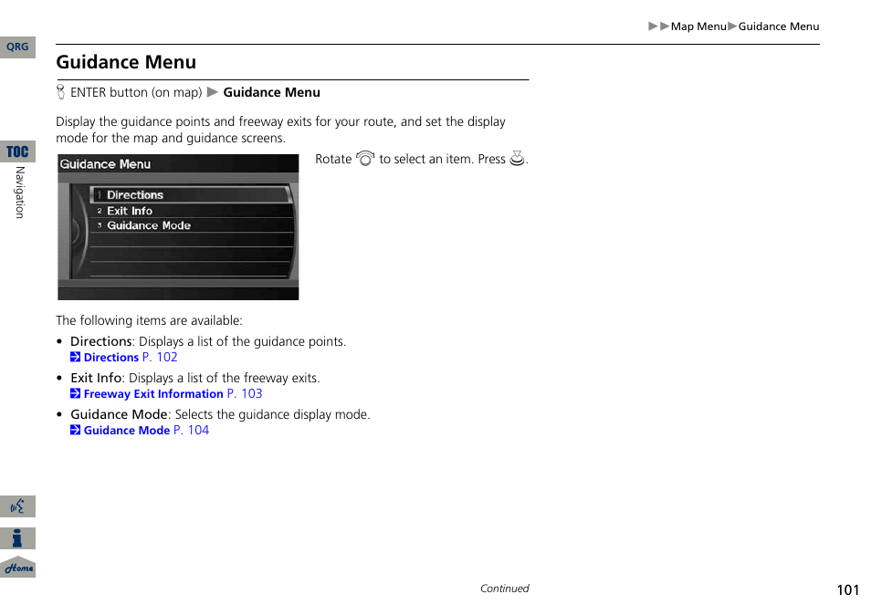 2 guidance menu, P. 101, Guidance menu | Acura 2014 ILX Navigation User Manual | Page 102 / 260